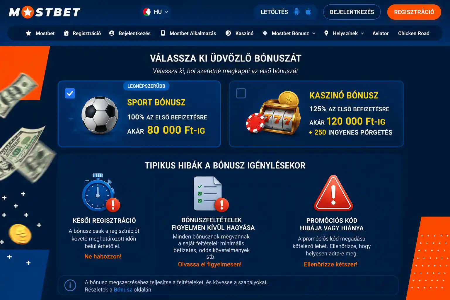 Gyakori hibák illusztrációja a Mostbet bónusz igénylésekor