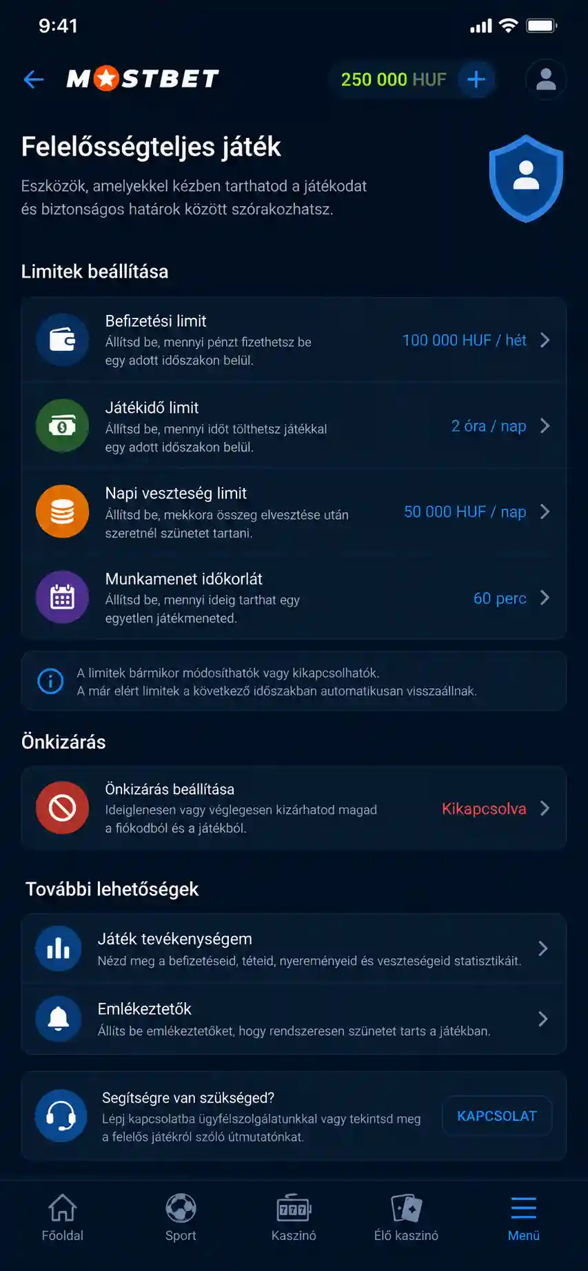 Felelős játékra vonatkozó beállítások menüje a mobilalkalmazásban